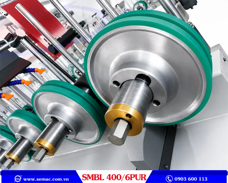 MAY PHỦ BIÊN DẠNG PROFILE KEO EVA - SMBL 400 6EVA 3 Rulo ép hỗ trợ đưa phôi máy dán cạnh profile tự động SMBL 400/6PUR | SEMAC