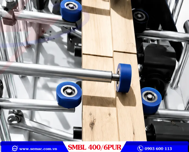 MAY PHỦ BIÊN DẠNG PROFILE KEO EVA - SMBL 400 6EVA 2 Rulo ép máy dán cạnh profile tự động SMBL 400/6PUR | SEMAC
