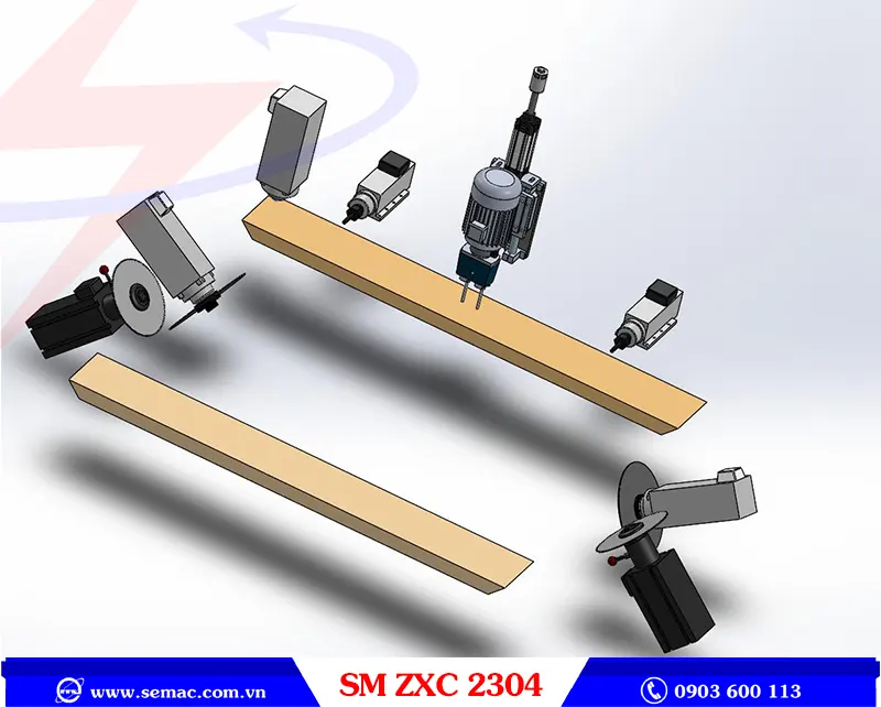 MÁY CẮT KHOAN PHAY KHUNG BAO CỬA 2 ĐẦU - SM ZXC 2304 3 Cụm chức năng máy cắt khoan phay khung bao cửa 2 đầu SM ZXC 2304 | SEMAC